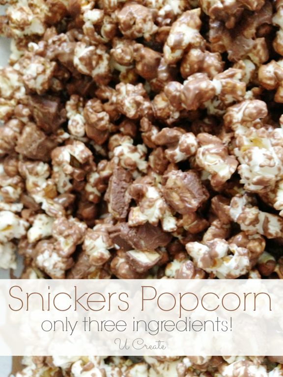 Snickers Popcorn Recipe - only 3 ingredients! u-createcrafts.com