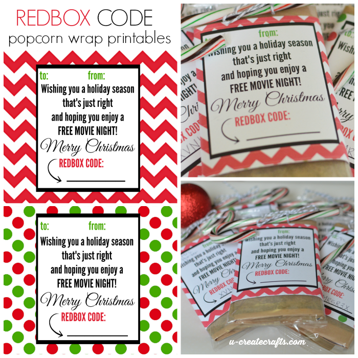 Redbox Code Popcorn Printables - gift idea for Christmas! u-createcrafts.com