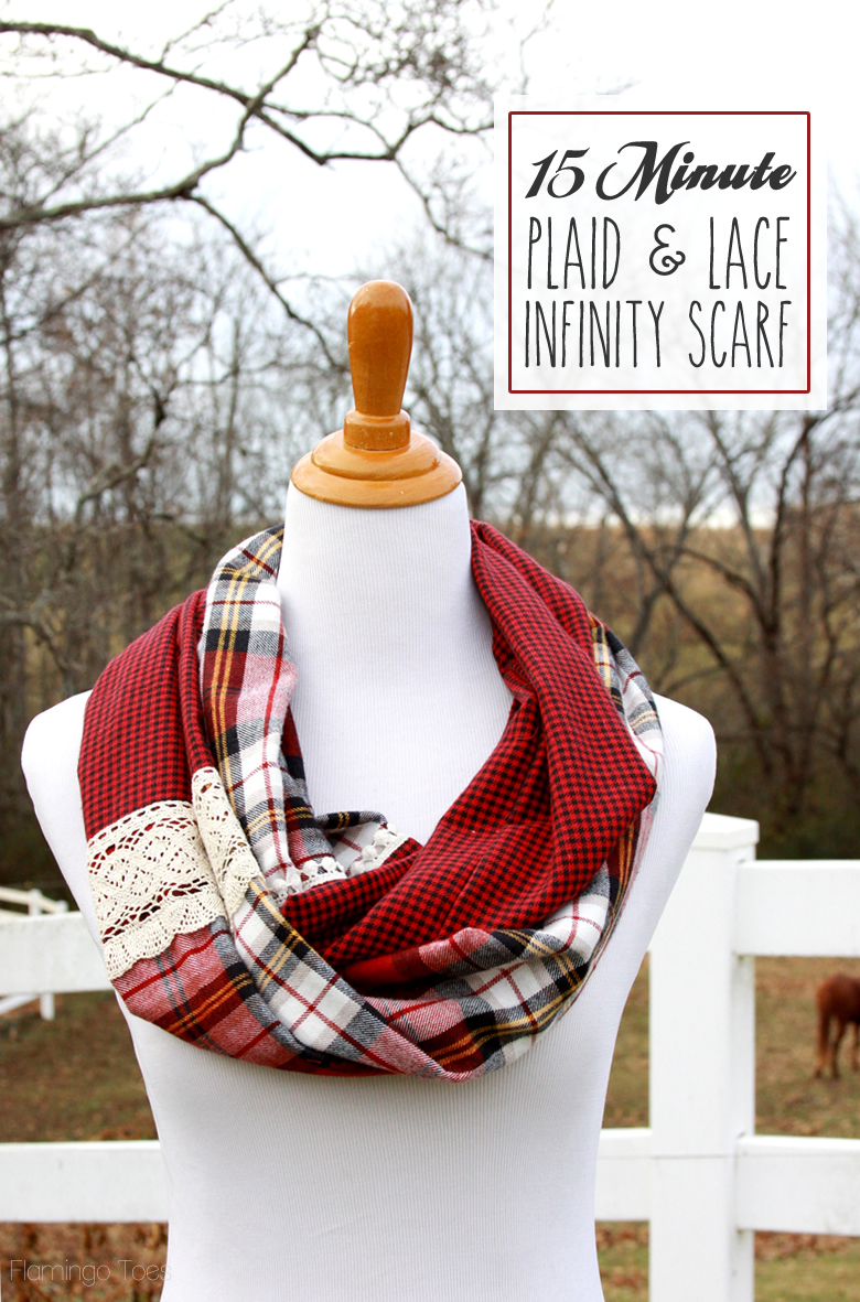 Red Checker Plaid Pattern Infinity Loop Scarf with Fringe Trim 