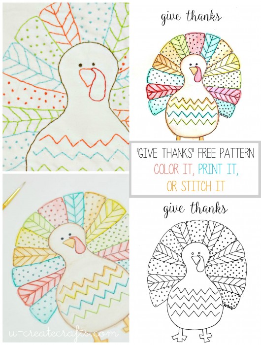 "Give Thanks" Turkey Pattern - Print, Color, or Stitch It!