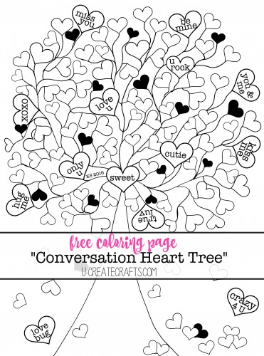 Conversation Heart Tree Free Coloring Page by U Create