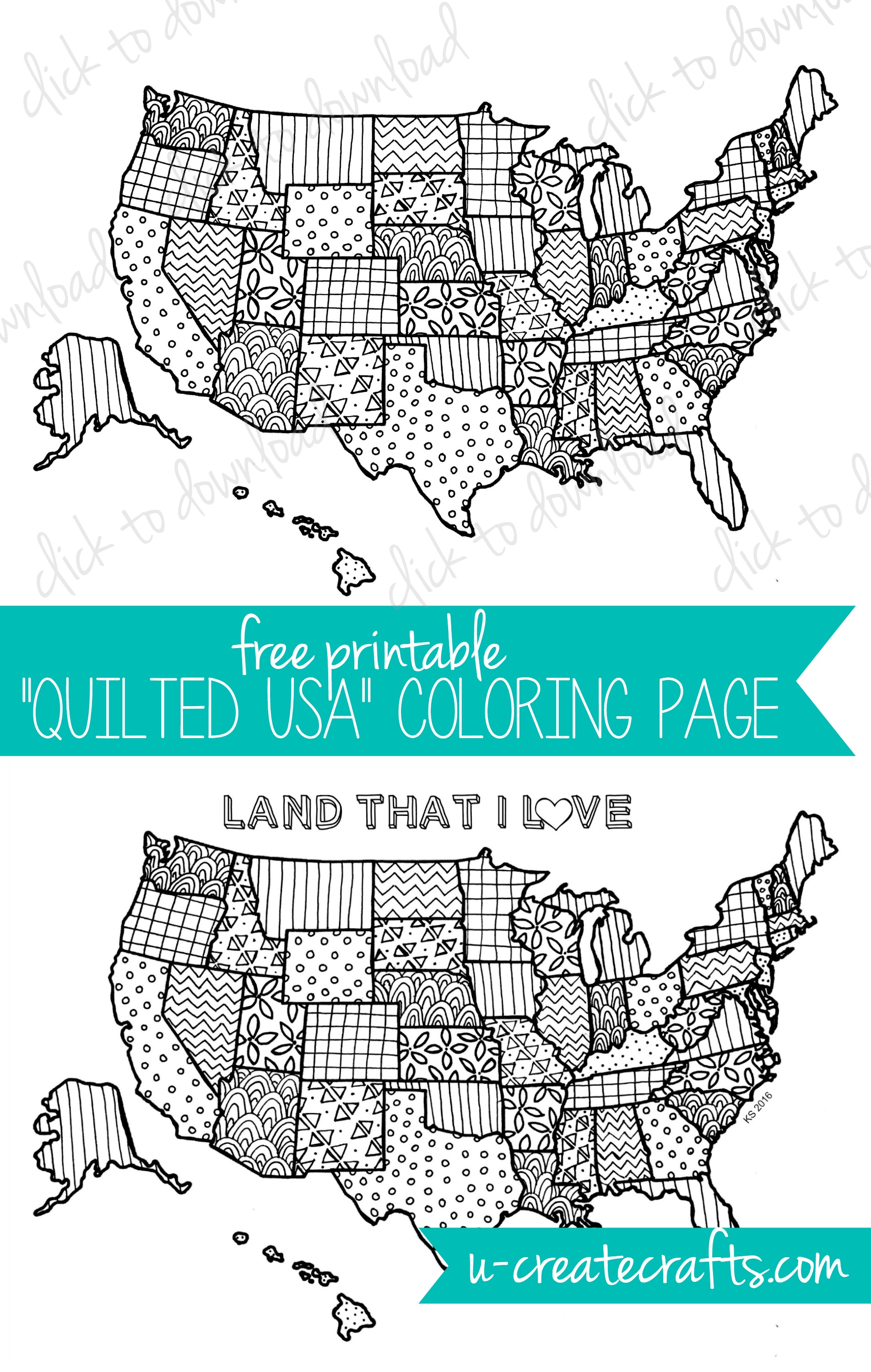 Free Coloring Page by U Create - "Quilted USA"