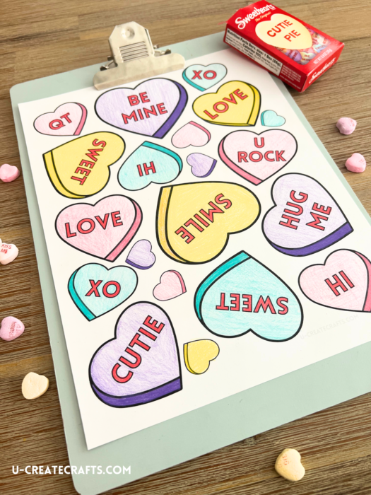 Conversation Hearts Valentine Coloring Page by U Create