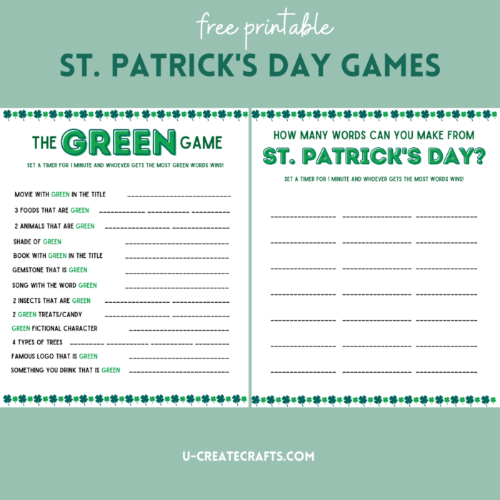 St. Patrick's Day Games - free printables - by U Create