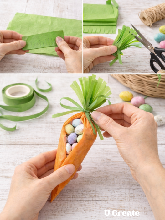 Adding green tissue paper carrot tops to Easter treat bags