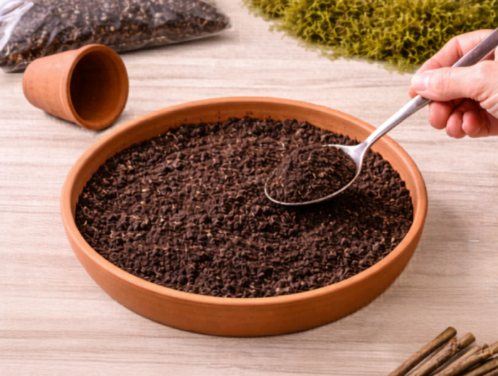 Terracotta saucer filled with potting soil for the first step of making a resurrection garden