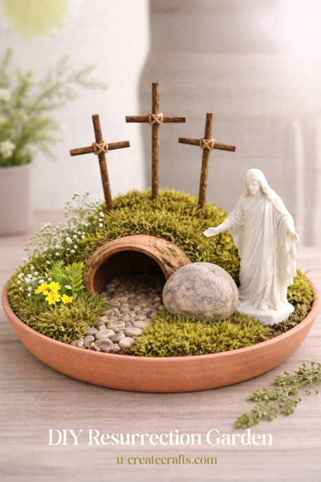 Finished resurrection garden in a terracotta dish with a clay pot tomb, moss, pebble path, three twig crosses, stone, and white Christus statue