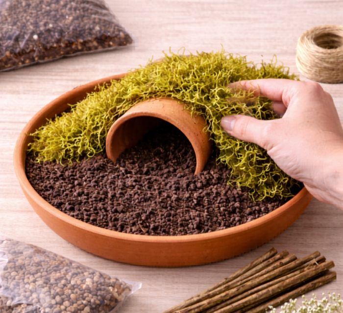 Small clay pot placed on its side in soil to create the tomb in a resurrection garden
