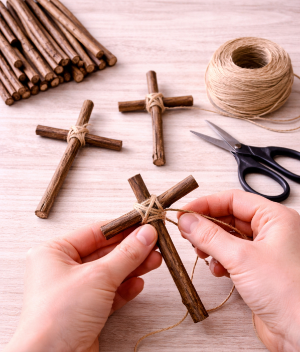 Hands tying twine around small sticks to make wooden crosses for a resurrection garden